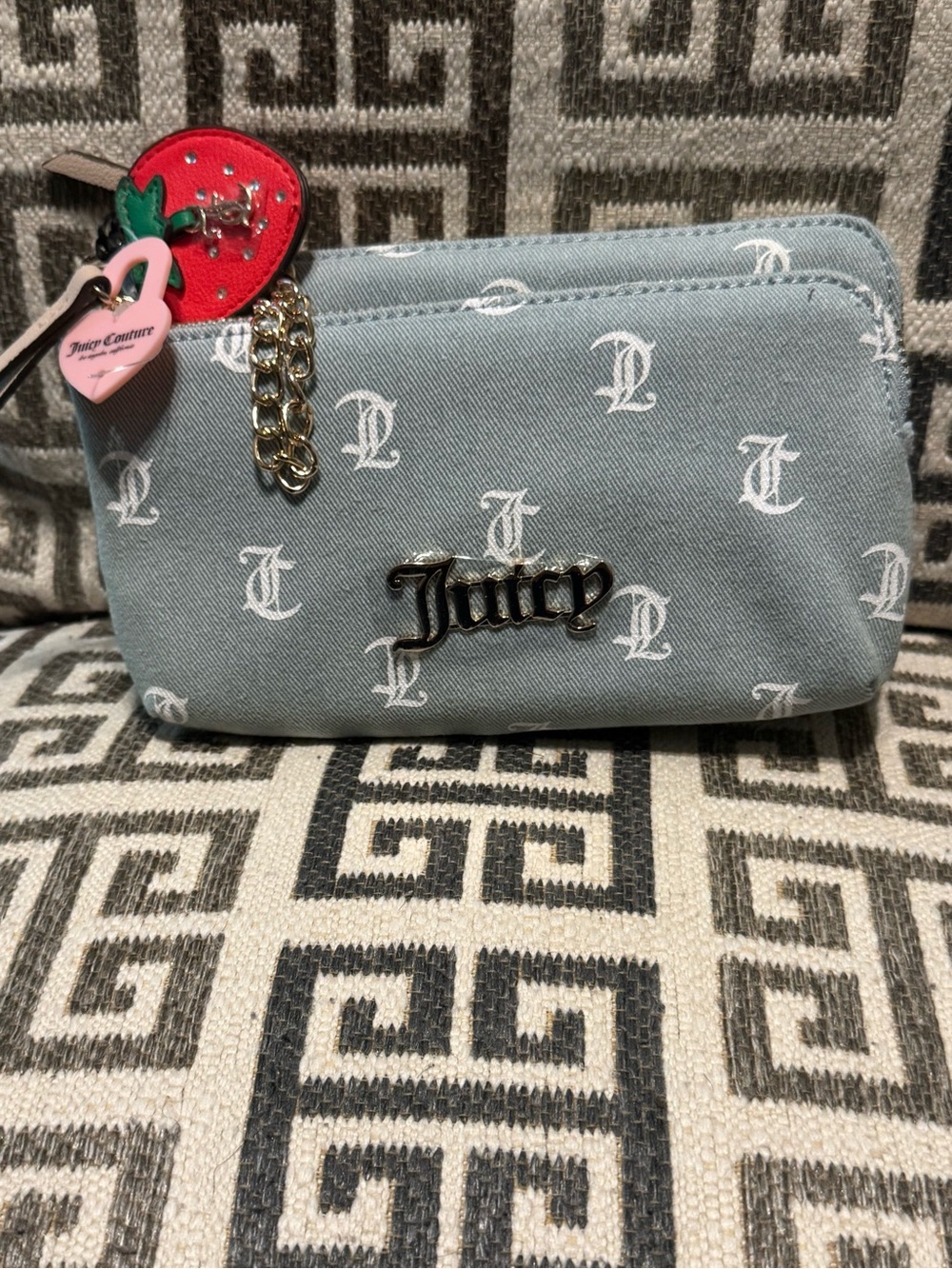 Juicy Couture Light Blue Monogram Zip Cosmetic Pouch with Charm